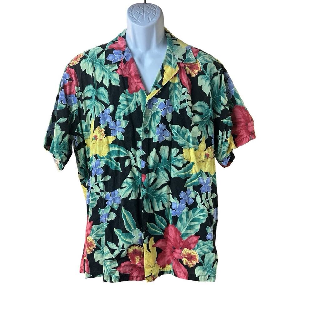 Hilo Hattie XL Hawaiian Shirt Floral Tropical Aloha Button Front Black